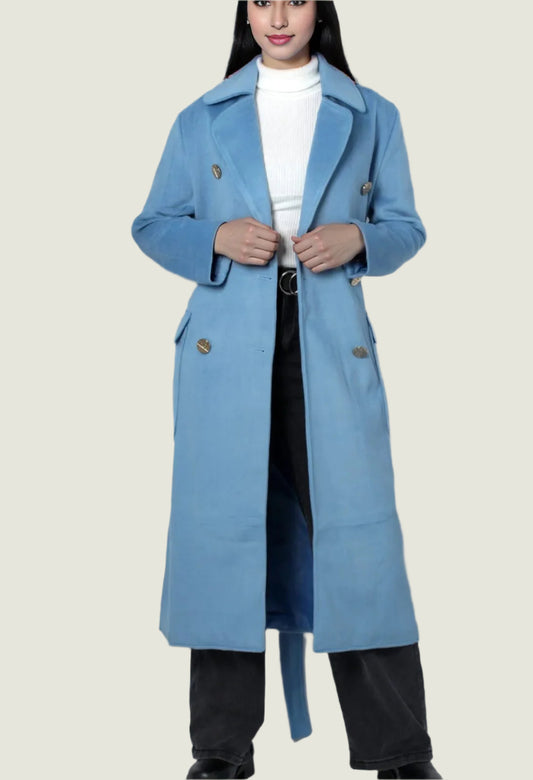 Women’s Sky Blue Belted Wool-Blend Coat –  Elegant Winter Outerwear