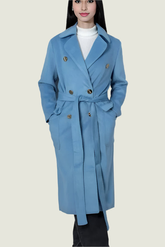 Women’s Sky Blue Belted Wool-Blend Coat –  Elegant Winter Outerwear
