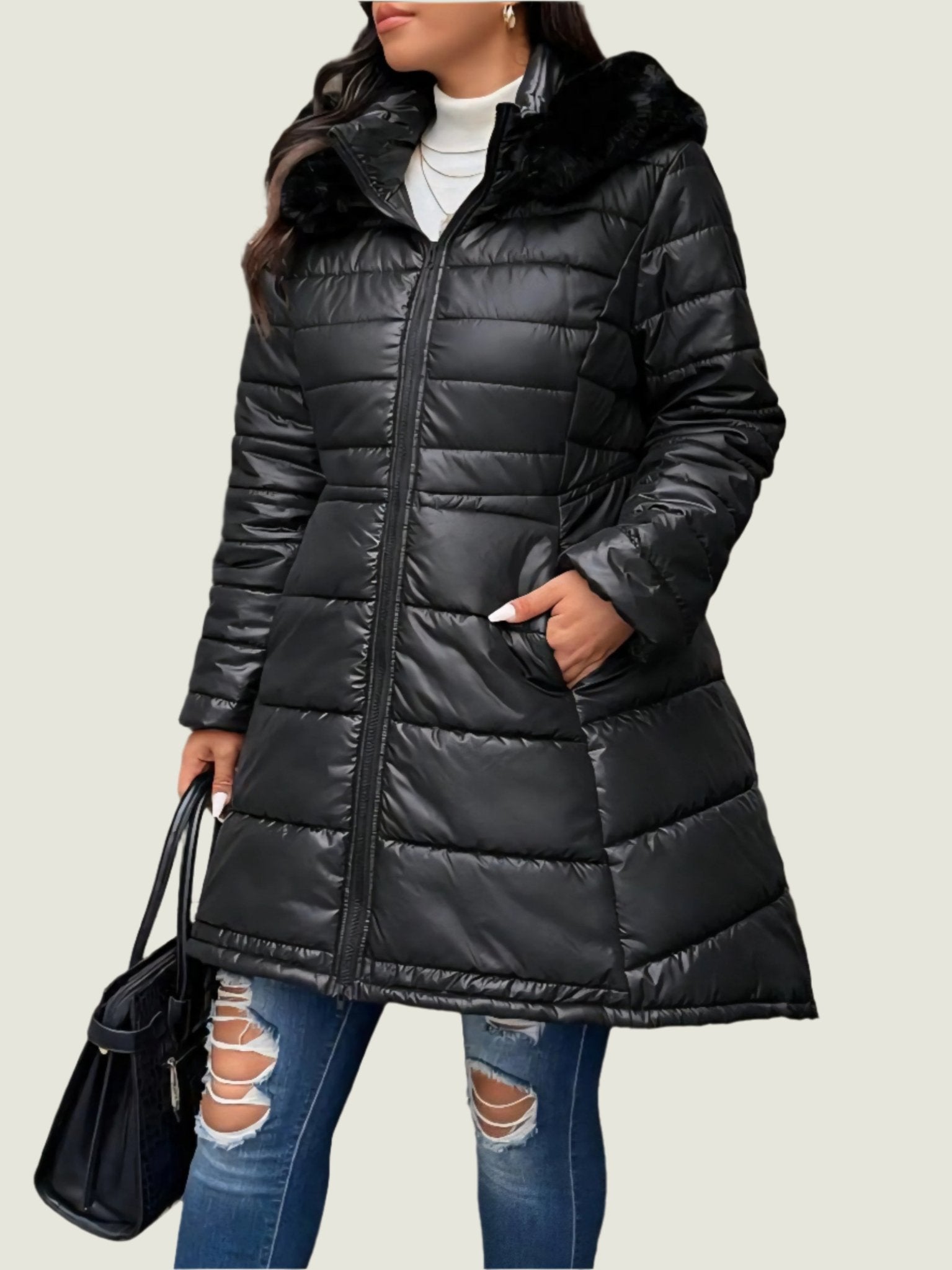 Shiny Puffer Jacket with Detachable Fur on Hood