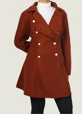 Brown coat with white buttons on a mannequin against a plain background
