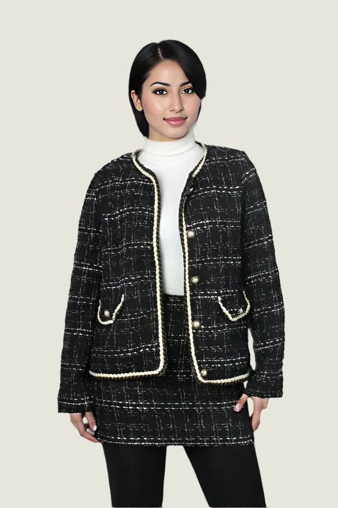 Elegant Pearl Trim Tweed Skirt Suit Set – 2-Piece Jacket and Skirt