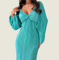 Elegant Turquoise Pleated Long Dress – Twist Front Bodycon