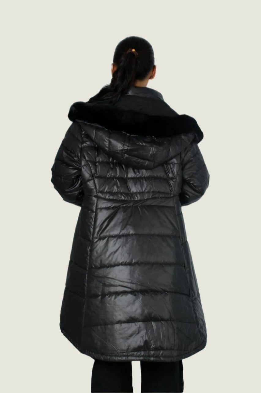 Shiny Puffer Jacket with Detachable Fur on Hood