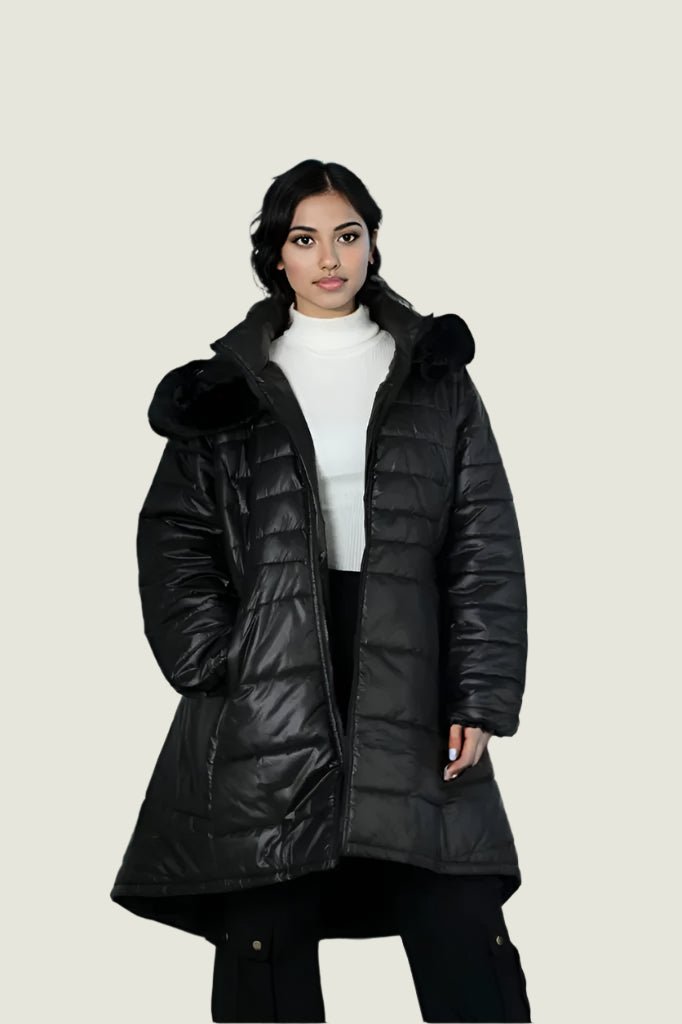 Shiny Puffer Jacket with Detachable Fur on Hood