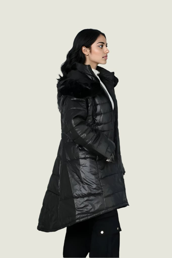 Shiny Puffer Jacket with Detachable Fur on Hood