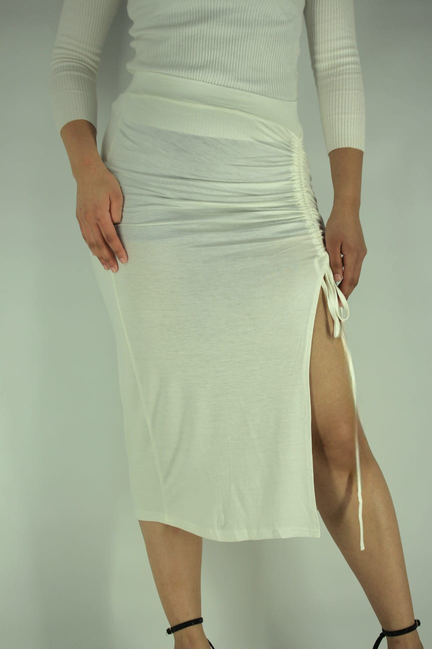 Ribbed Knitted Thigh Slit Ruched Midi Skirt