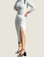 Ribbed Knitted Thigh Slit Ruched Midi Skirt