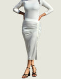 Ribbed Knitted Thigh Slit Ruched Midi Skirt