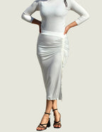 Ribbed Knitted Thigh Slit Ruched Midi Skirt
