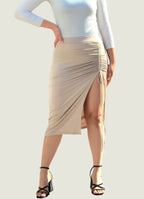 Ribbed Knitted Thigh Slit Ruched Midi Skirt