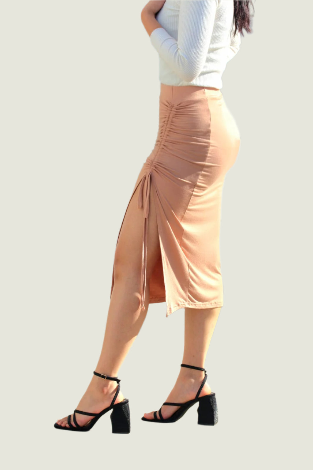 Ribbed Knitted Thigh Slit Ruched Midi Skirt