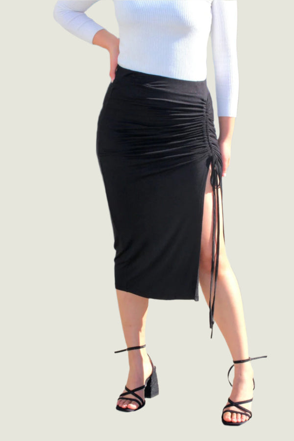 Ribbed Knitted Thigh Slit Ruched Midi Skirt
