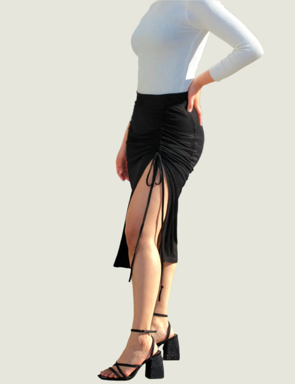 Ribbed Knitted Thigh Slit Ruched Midi Skirt