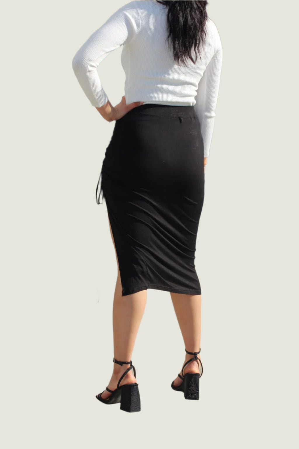 Ribbed Knitted Thigh Slit Ruched Midi Skirt