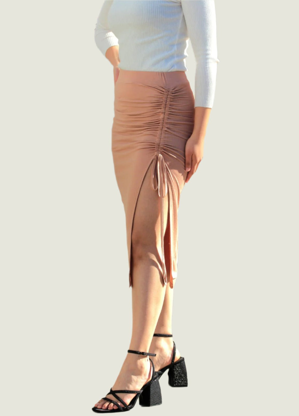 Ribbed Knitted Thigh Slit Ruched Midi Skirt