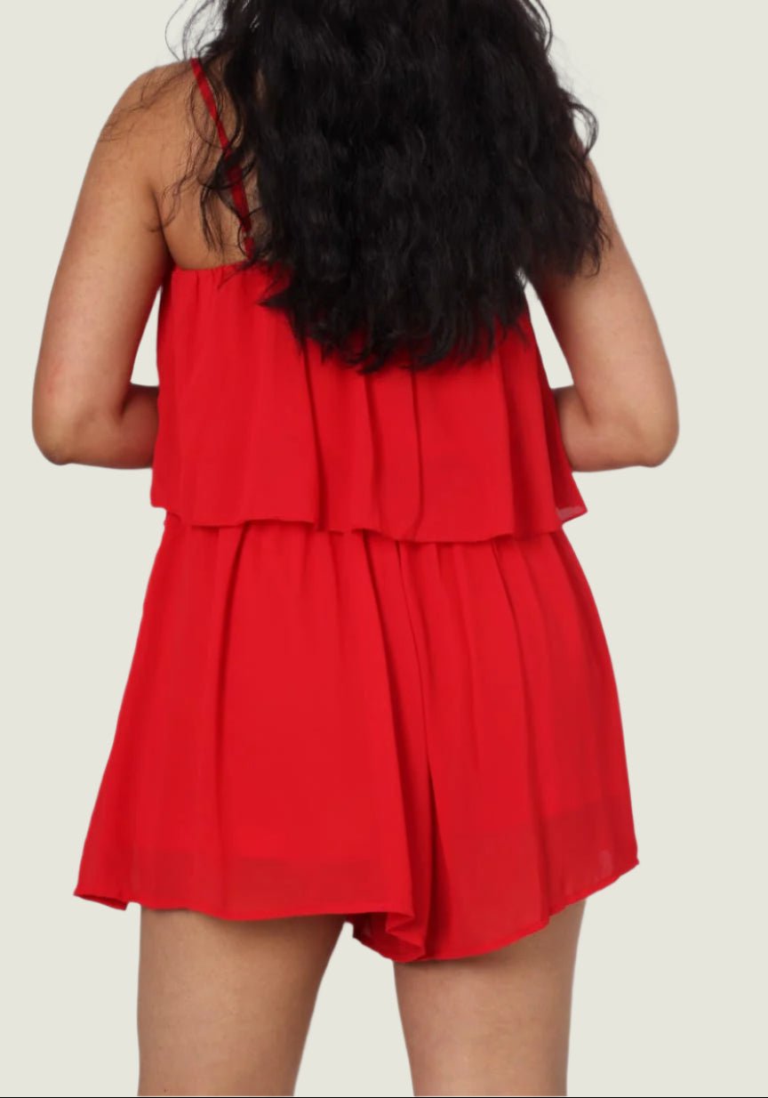 Flirty Summer Red Spaghetti Strap Ruffle Romper