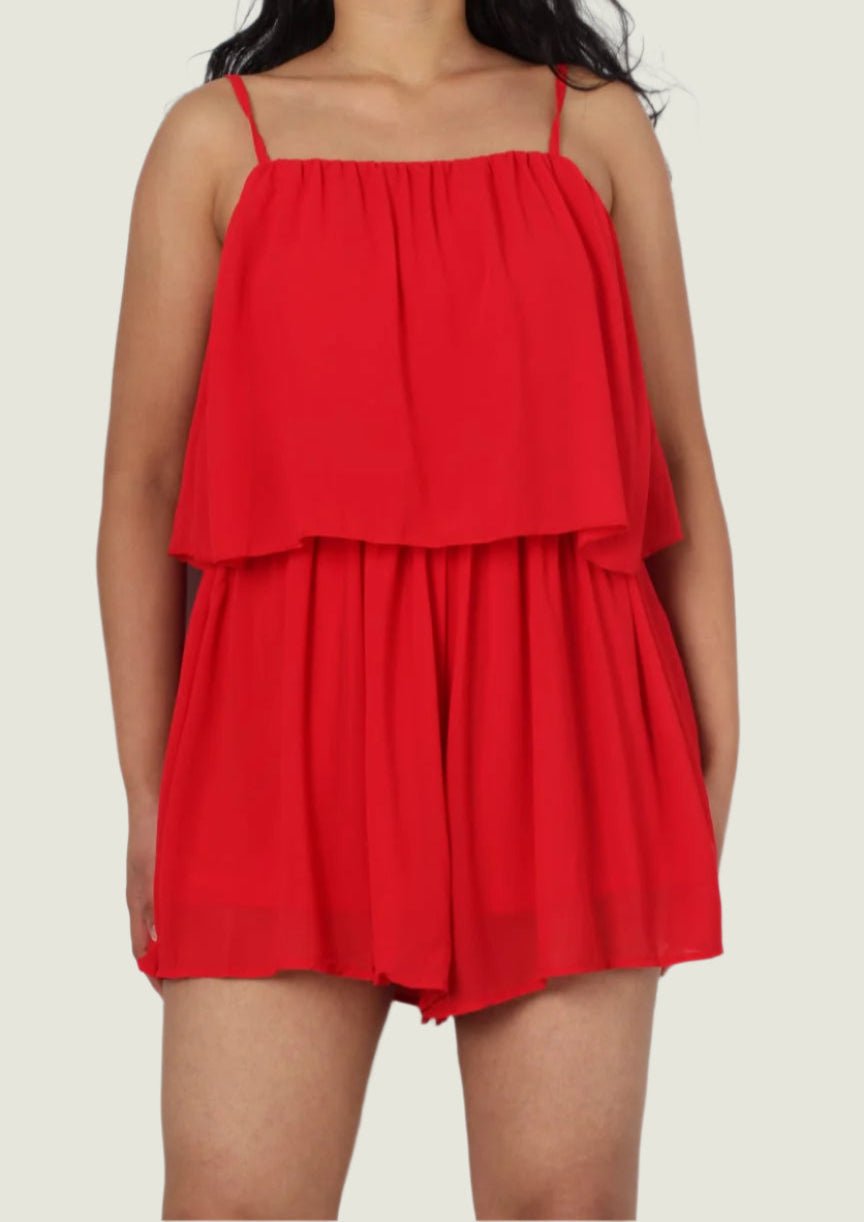 Flirty Summer Red Spaghetti Strap Ruffle Romper