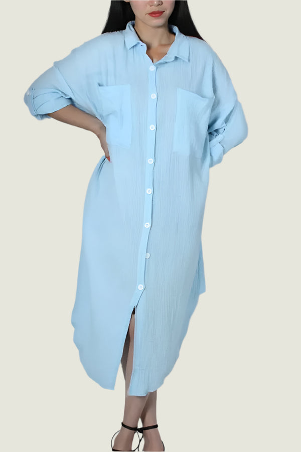 Rolled-Up Long Sleeve Maxi Button Up Shirt Dress