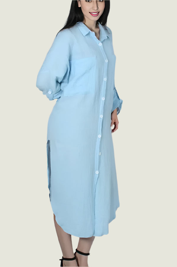 Rolled-Up Long Sleeve Maxi Button Up Shirt Dress
