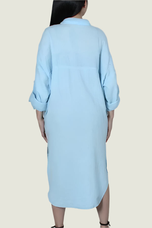 Rolled-Up Long Sleeve Maxi Button Up Shirt Dress