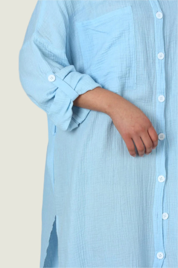 Rolled-Up Long Sleeve Maxi Button Up Shirt Dress