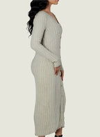 Ribbed Bodycon Button-Down Dress – Long Sleeve Knit Dress