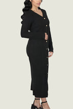 Ribbed Bodycon Button-Down Dress – Long Sleeve Knit Dress