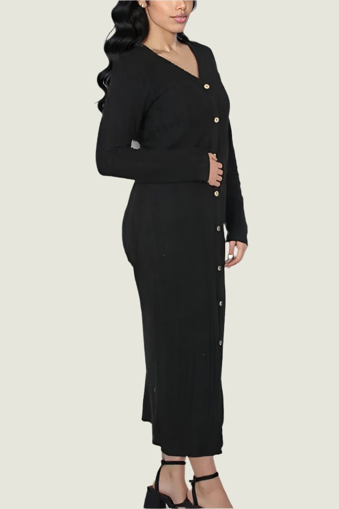 Ribbed Bodycon Button-Down Dress – Long Sleeve Knit Dress