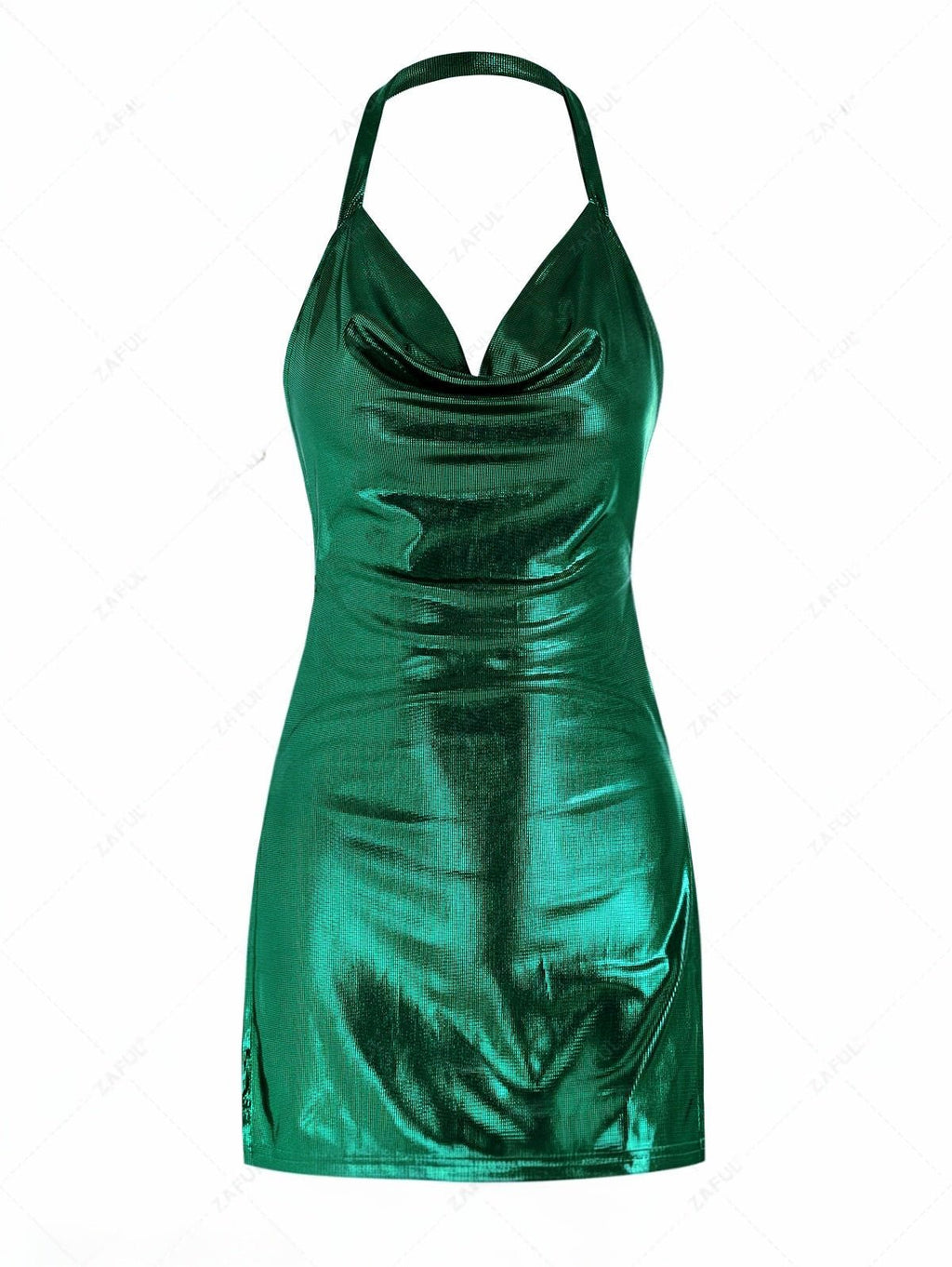 Metallic Halter Neck Backless Dress with Side Slits