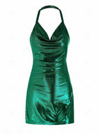 Metallic Halter Neck Backless Dress with Side Slits