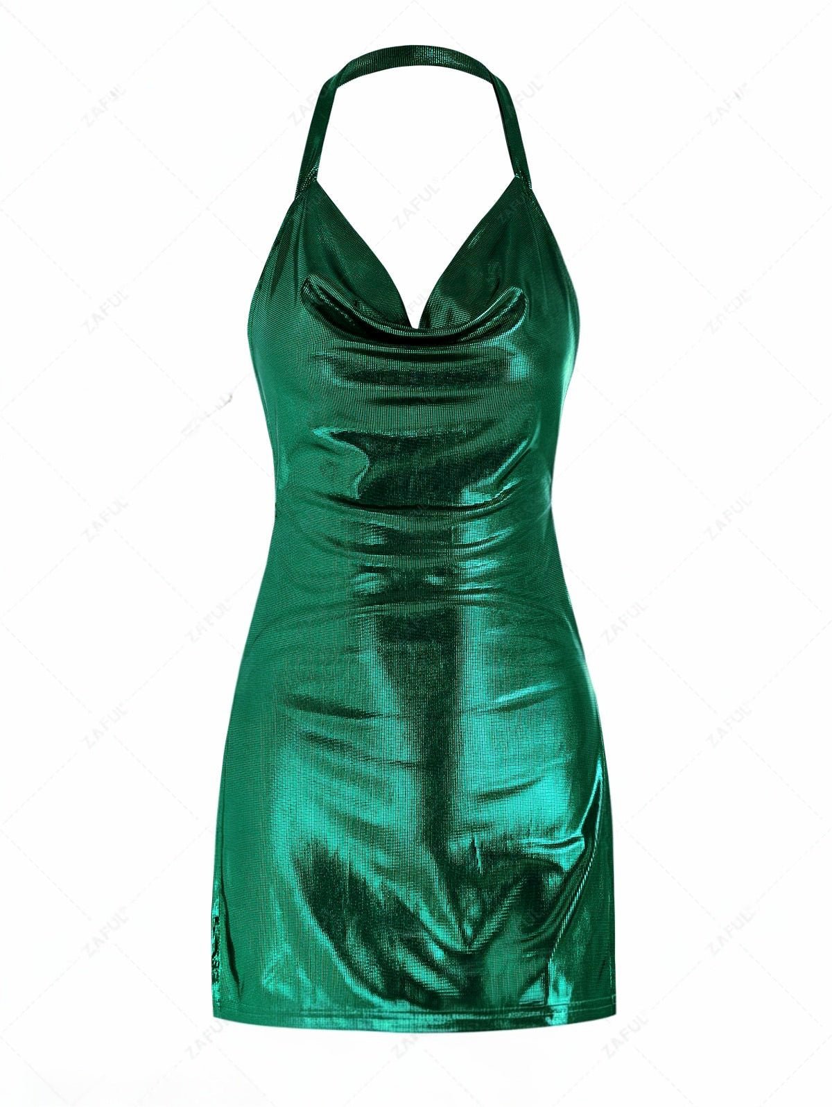 Metallic Halter Neck Backless Dress with Side Slits