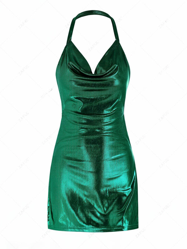 Metallic Halter Neck Backless Dress with Side Slits