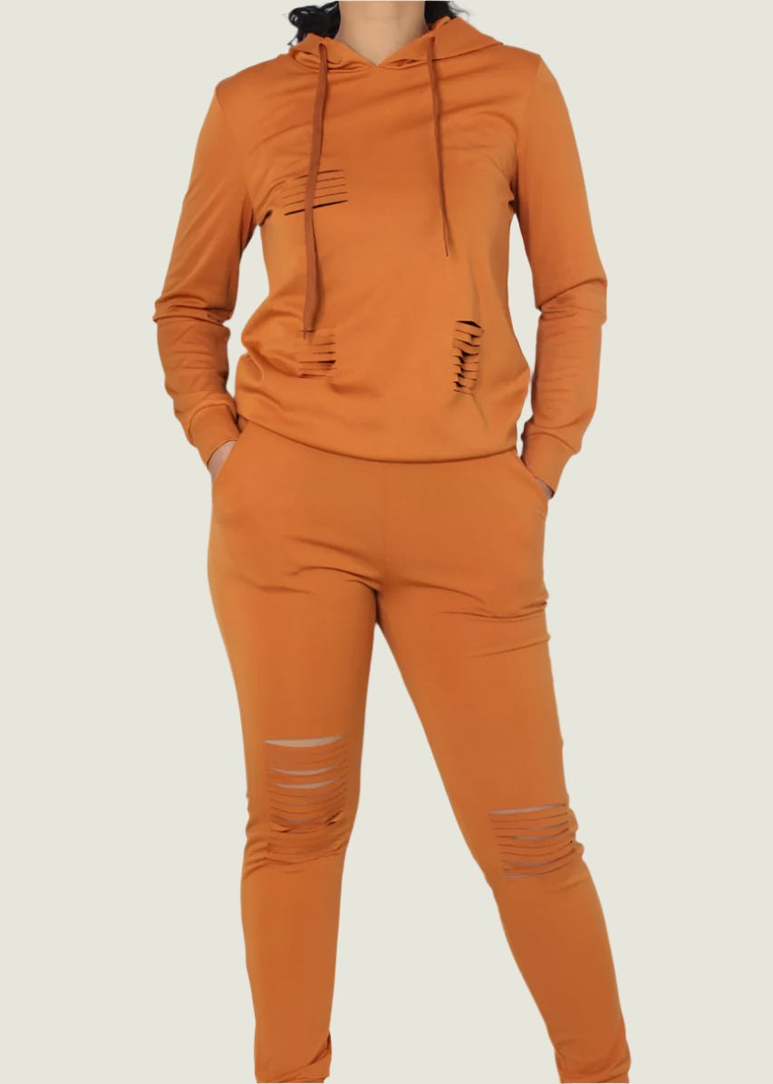 Ripped Solid Long Sleeve Hoodies &  Pants Outfit Set