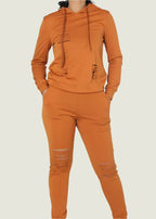 Ripped Solid Long Sleeve Hoodies &  Pants Outfit Set