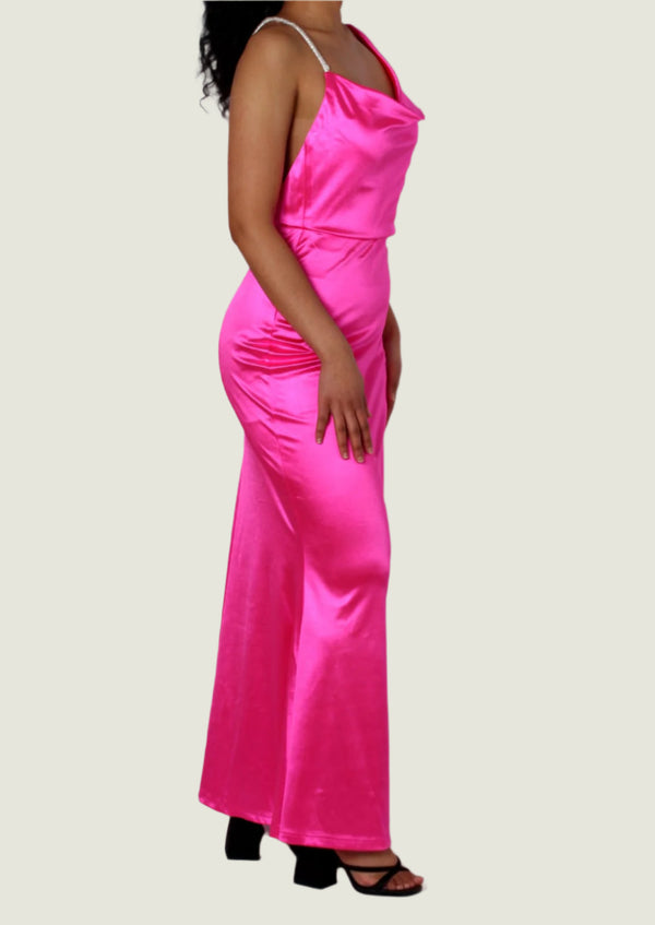Pink Asymmetrical Cowl Neck Fishtail Dress