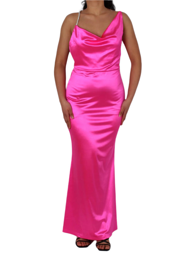 Pink Asymmetrical Cowl Neck Fishtail Dress