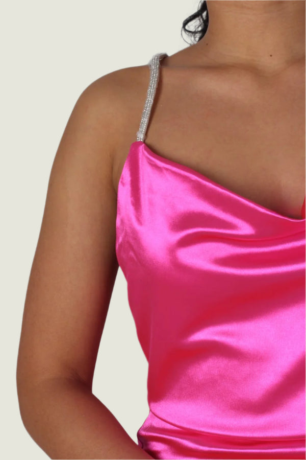 Pink Asymmetrical Cowl Neck Fishtail Dress