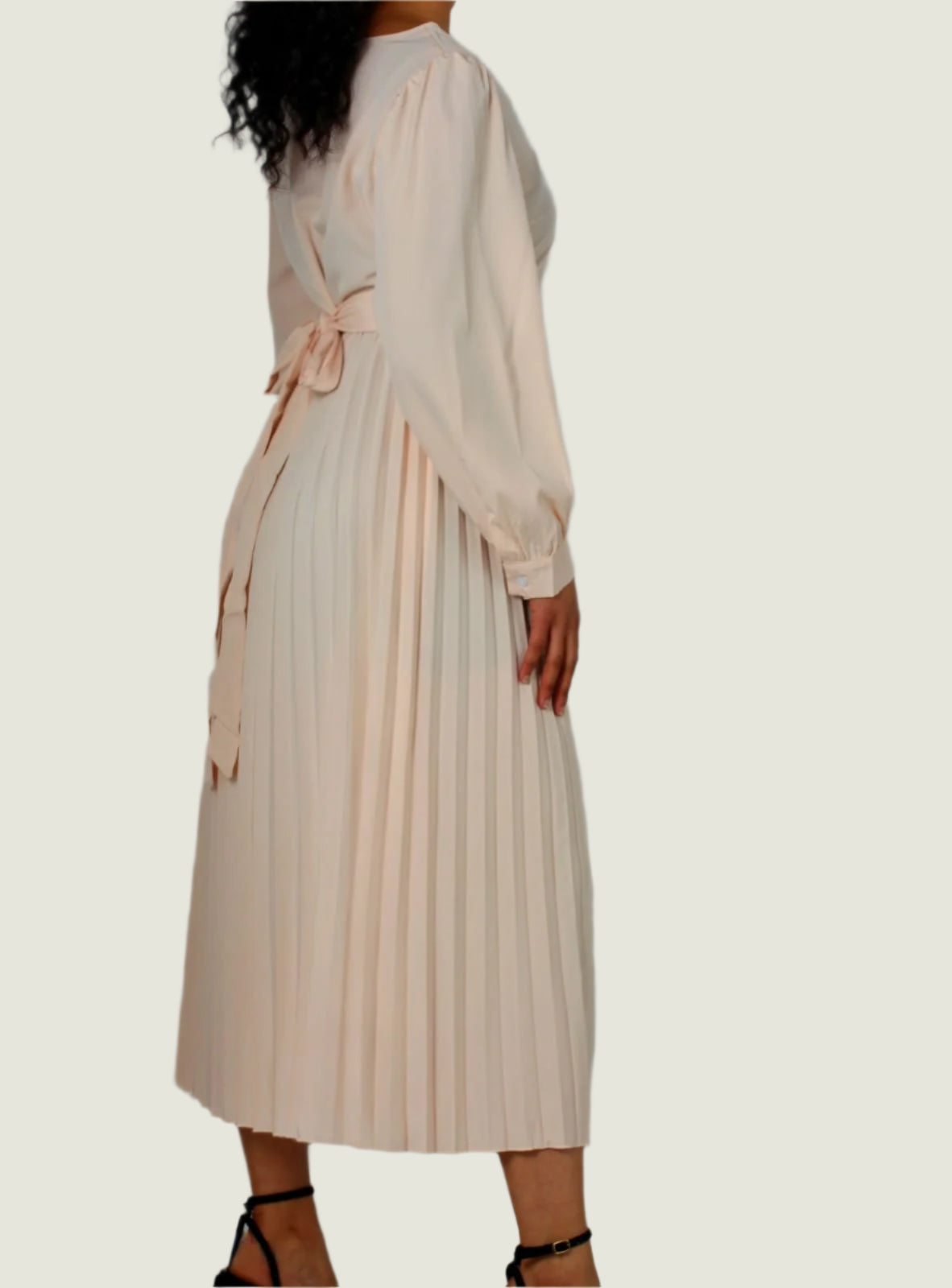 Women Puff Sleeve Pleated Apricot Dress