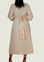Women Puff Sleeve Pleated Apricot Dress