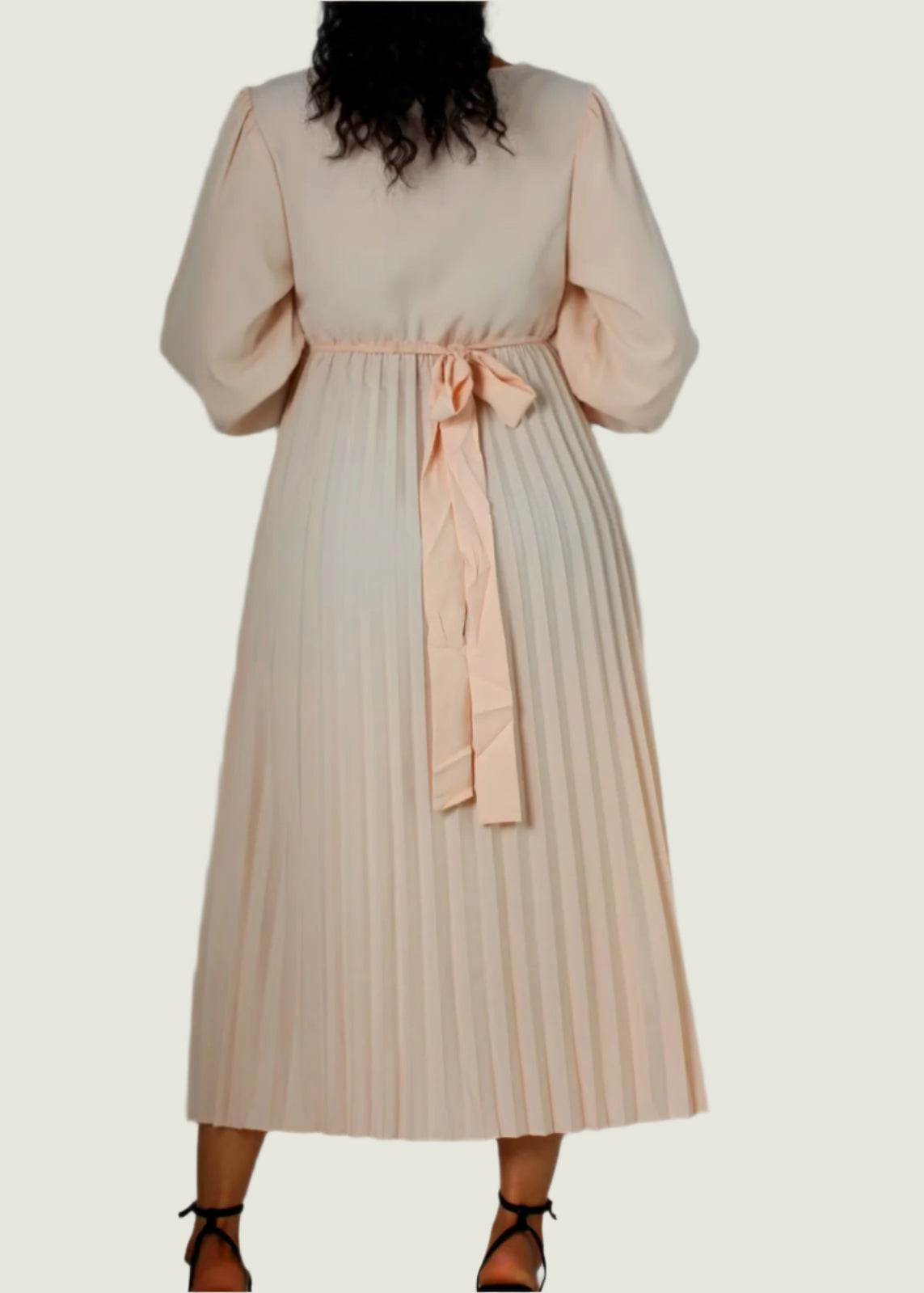 Women Puff Sleeve Pleated Apricot Dress