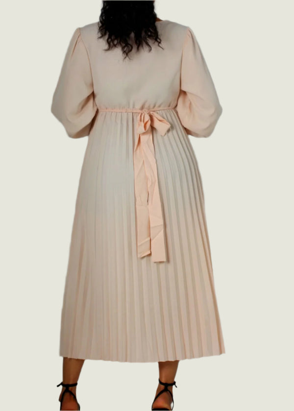 Women Puff Sleeve Pleated Apricot Dress