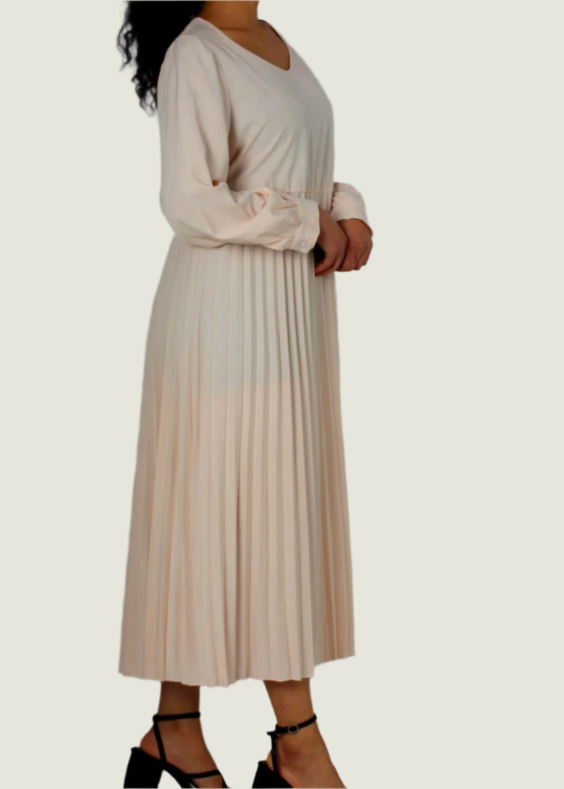 Women Puff Sleeve Pleated Apricot Dress