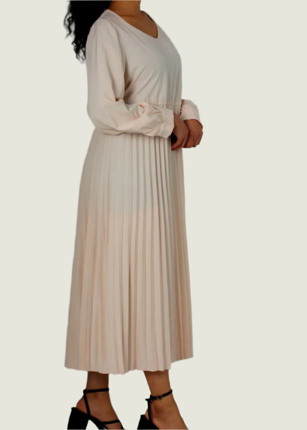 Women Puff Sleeve Pleated Apricot Dress
