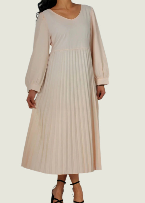 Women Puff Sleeve Pleated Apricot Dress