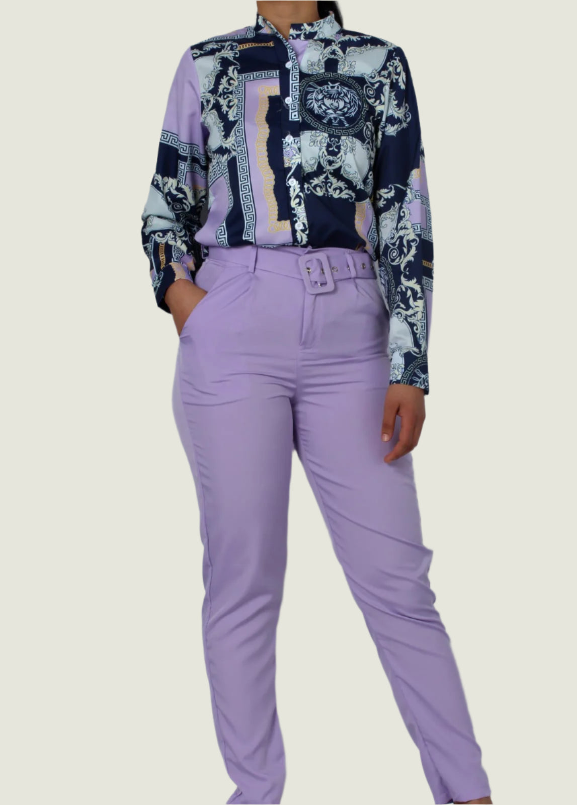 Elegant Chic Formal 2pc Set – Long-Sleeve Printed Blouse & Slim-Fit Trousers