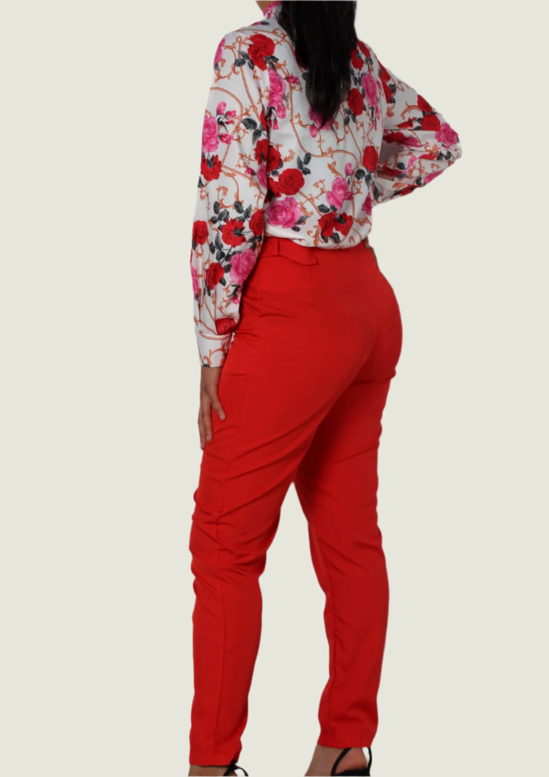 Elegant Chic Formal 2pc Set – Long-Sleeve Printed Blouse & Slim-Fit Trousers