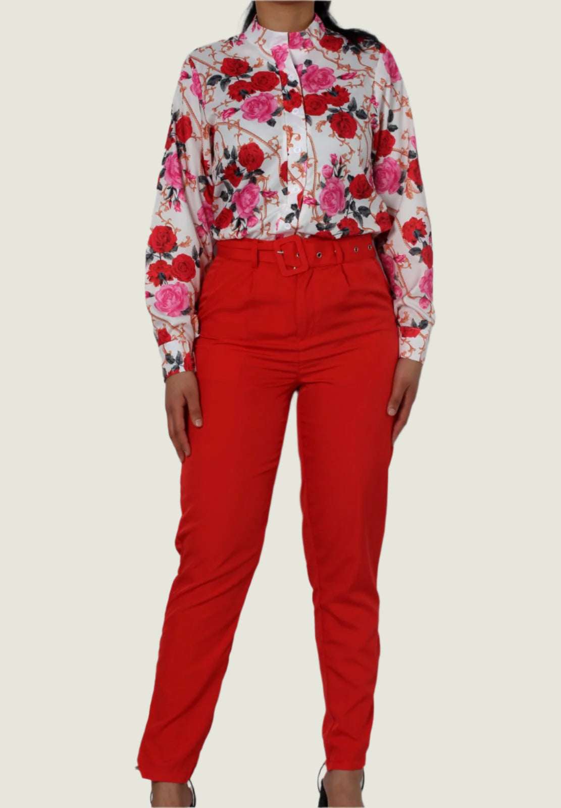 Elegant Chic Formal 2pc Set – Long-Sleeve Printed Blouse & Slim-Fit Trousers