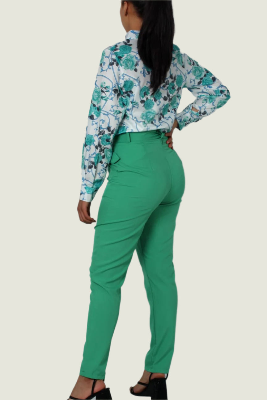 Elegant Chic Formal 2pc Set – Long-Sleeve Printed Blouse & Slim-Fit Trousers