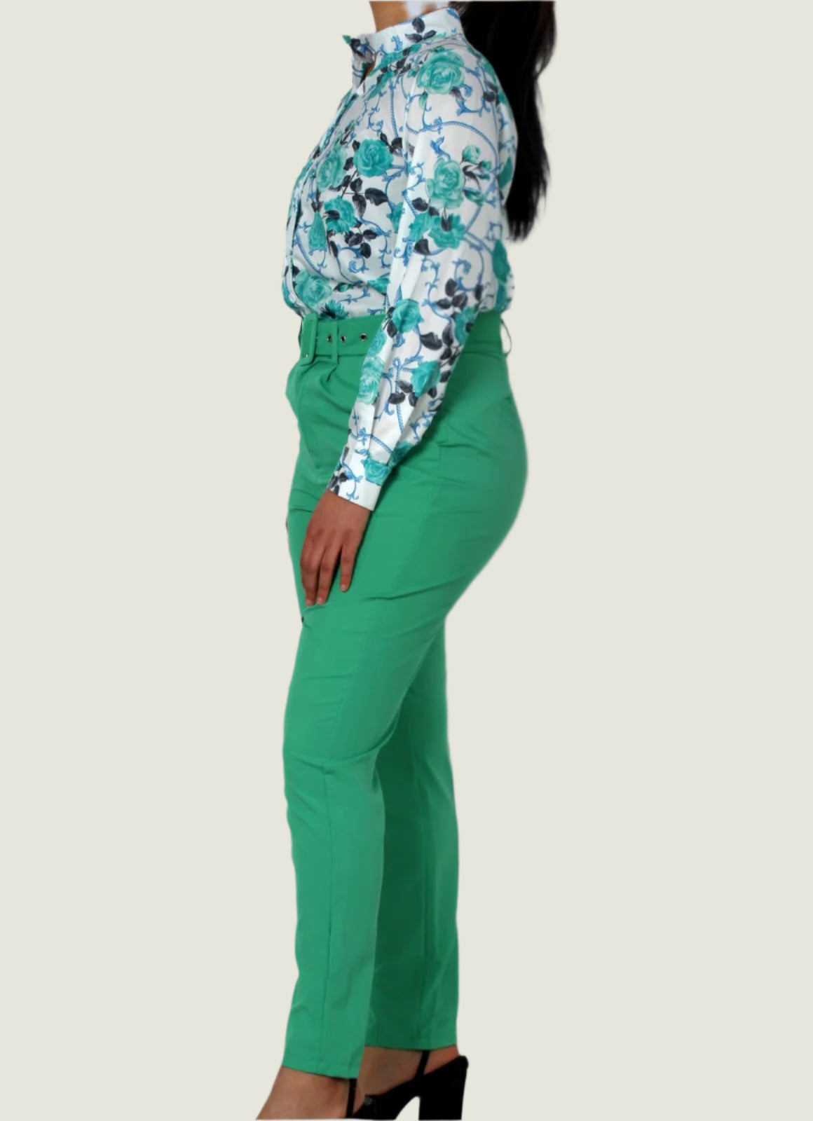 Elegant Chic Formal 2pc Set – Long-Sleeve Printed Blouse & Slim-Fit Trousers