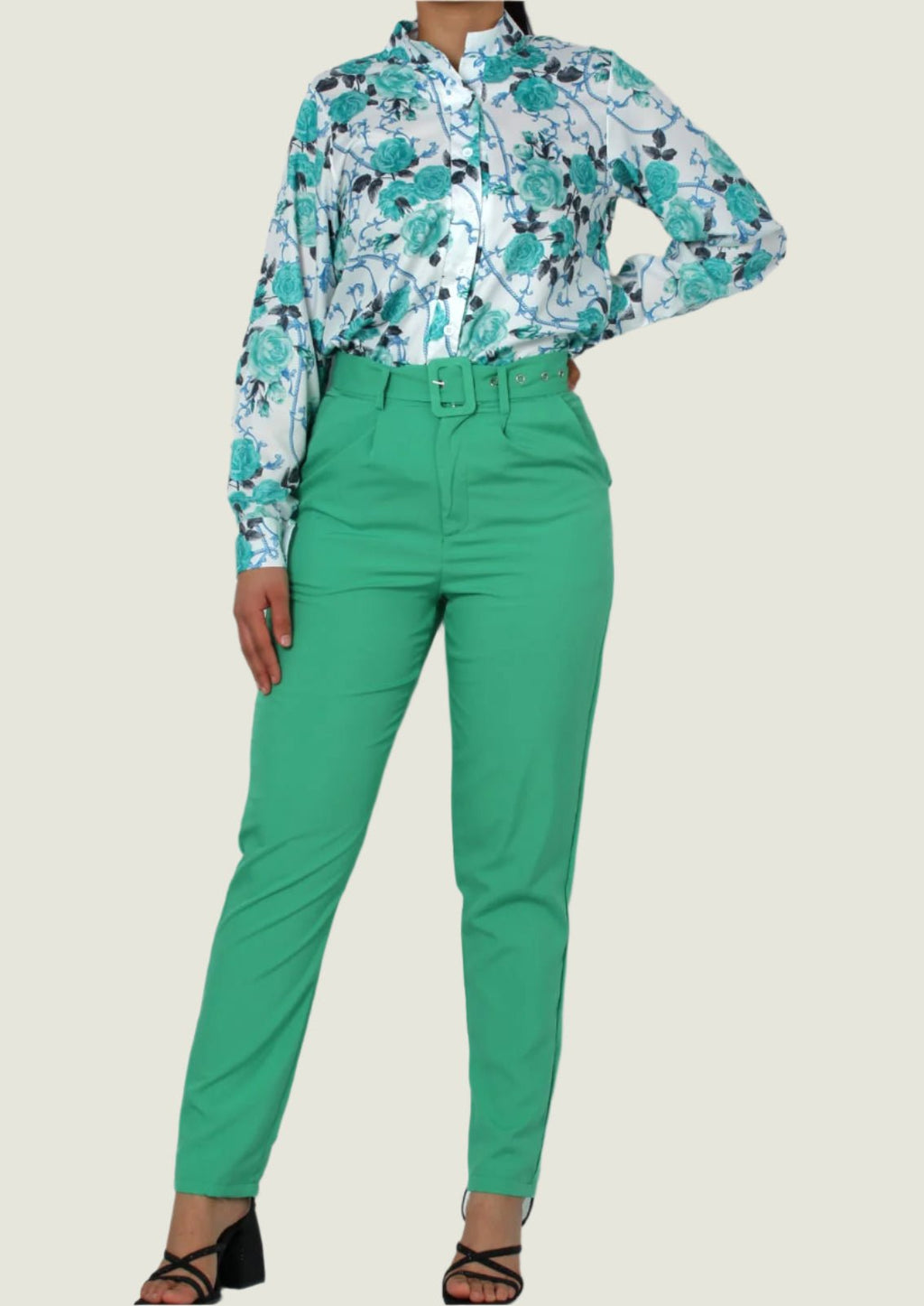 Elegant Chic Formal 2pc Set – Long-Sleeve Printed Blouse & Slim-Fit Trousers